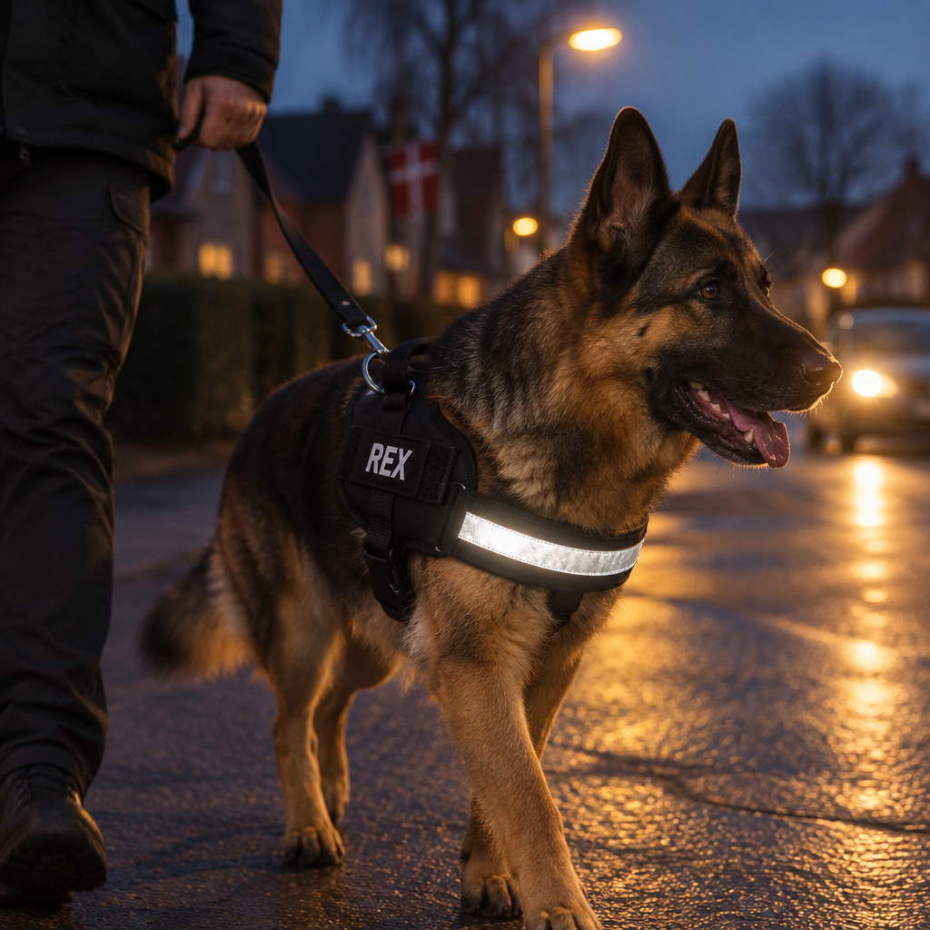 Schæferhund i skumringen med reflekterende strop på selen