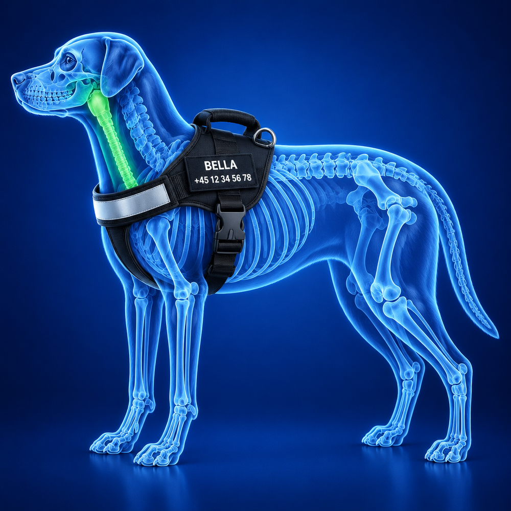 Roentgenbillede af en hund med sele, der sidder paa brystet og ikke om halsen